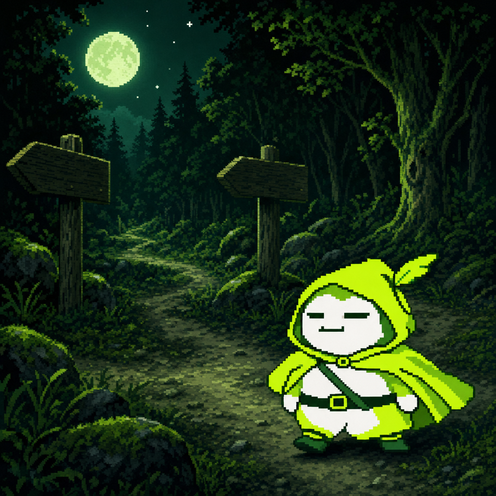 Darry Hood at a forest crossroads under a green moon